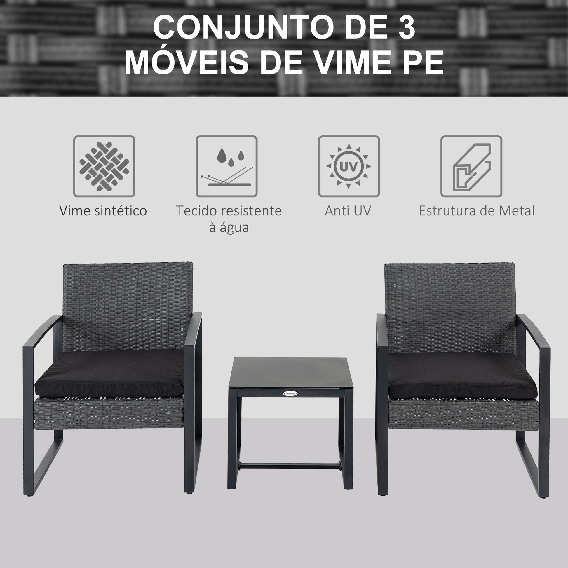 Conjunto de Móveis de Jardim de Vime 3 Peças com 1 Mesa 42,5x40x39 cm 2 Poltronas 63x57x76 cm Almofada Acolchoada para Pátio Varanda Cinzento e Preto