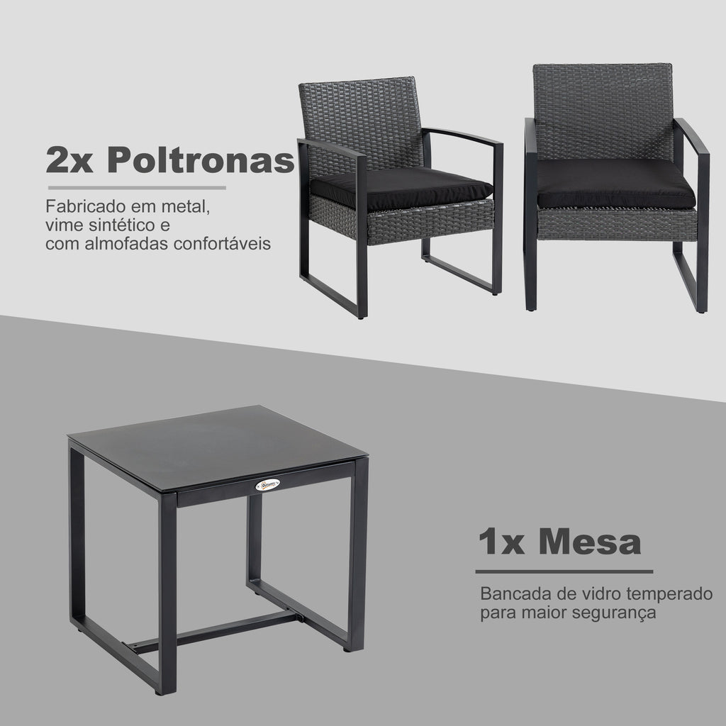 Conjunto de Móveis de Jardim de Vime 3 Peças com 1 Mesa 42,5x40x39 cm 2 Poltronas 63x57x76 cm Almofada Acolchoada para Pátio Varanda Cinzento e Preto