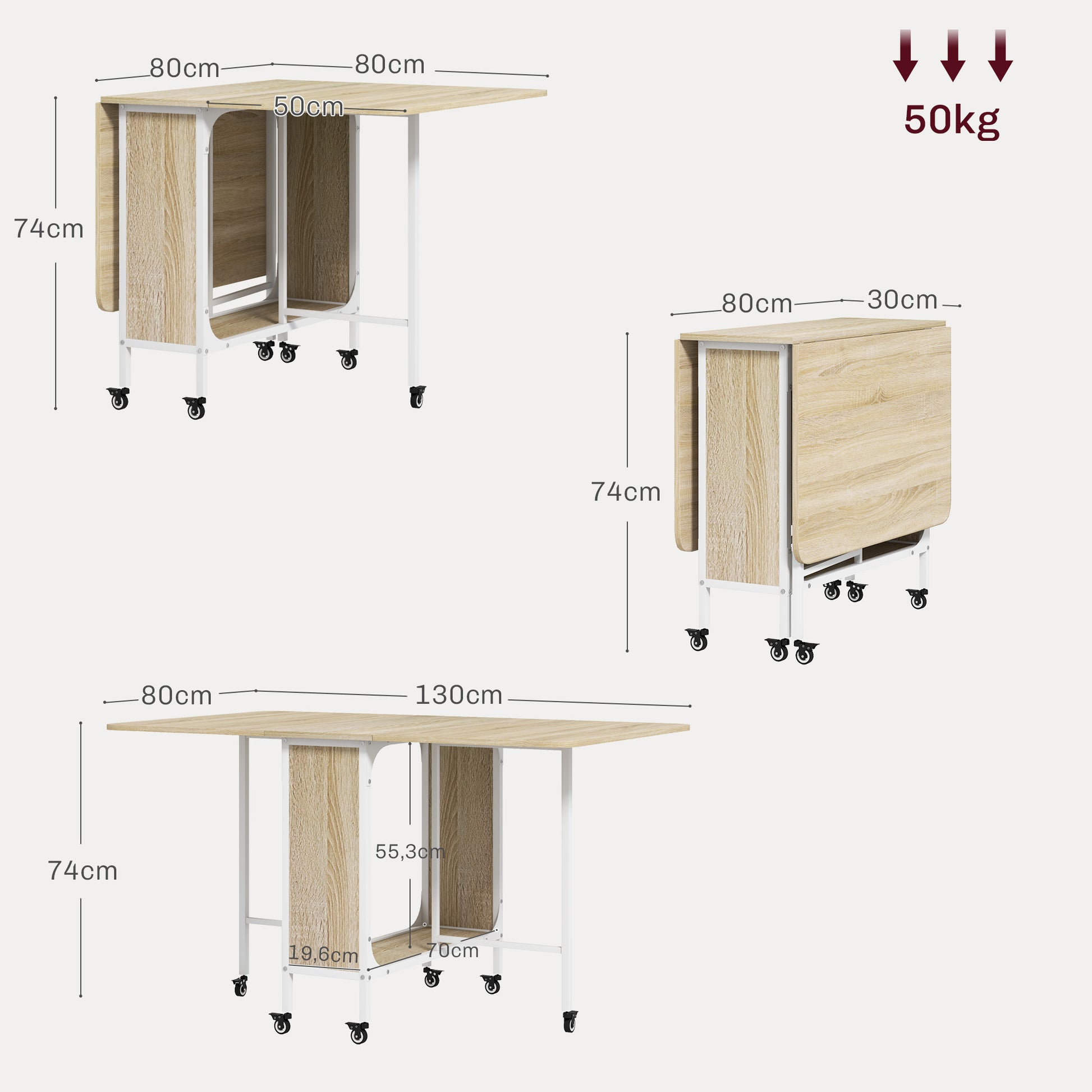 HOMOM Mesa de Cozinha Dobrável Mesa de Refeição Dobrável com Rodas Laterais Abatíveis e Prateleira Mesa Dobrável para Sala de Jantar 130x80x74 cm Madeira e Branco