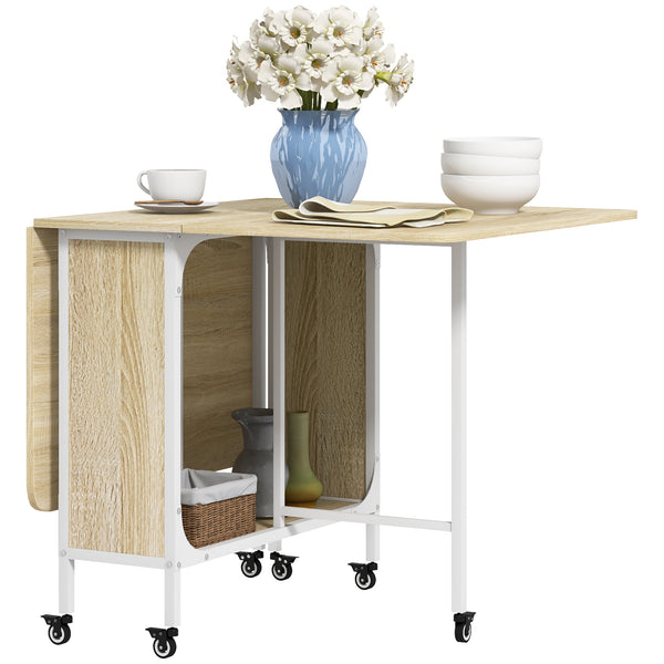 HOMOM Mesa de Cozinha Dobrável Mesa de Refeição Dobrável com Rodas Laterais Abatíveis e Prateleira Mesa Dobrável para Sala de Jantar 130x80x74 cm Madeira e Branco