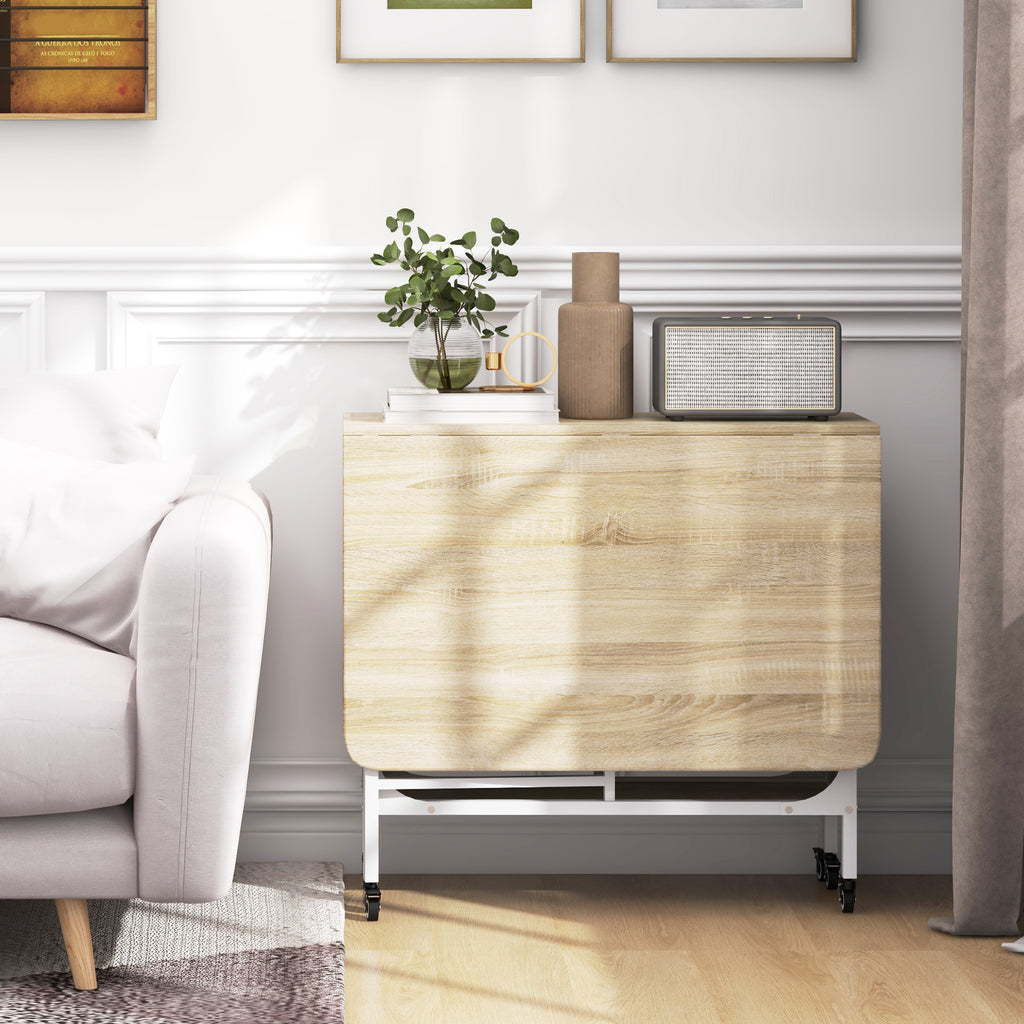 HOMOM Mesa de Cozinha Dobrável Mesa de Refeição Dobrável com Rodas Laterais Abatíveis e Prateleira Mesa Dobrável para Sala de Jantar 130x80x74 cm Madeira e Branco