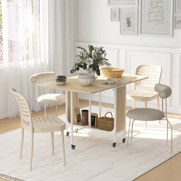 HOMOM Mesa de Cozinha Dobrável Mesa de Refeição Dobrável com Rodas Laterais Abatíveis e Prateleira Mesa Dobrável para Sala de Jantar 130x80x74 cm Madeira e Branco