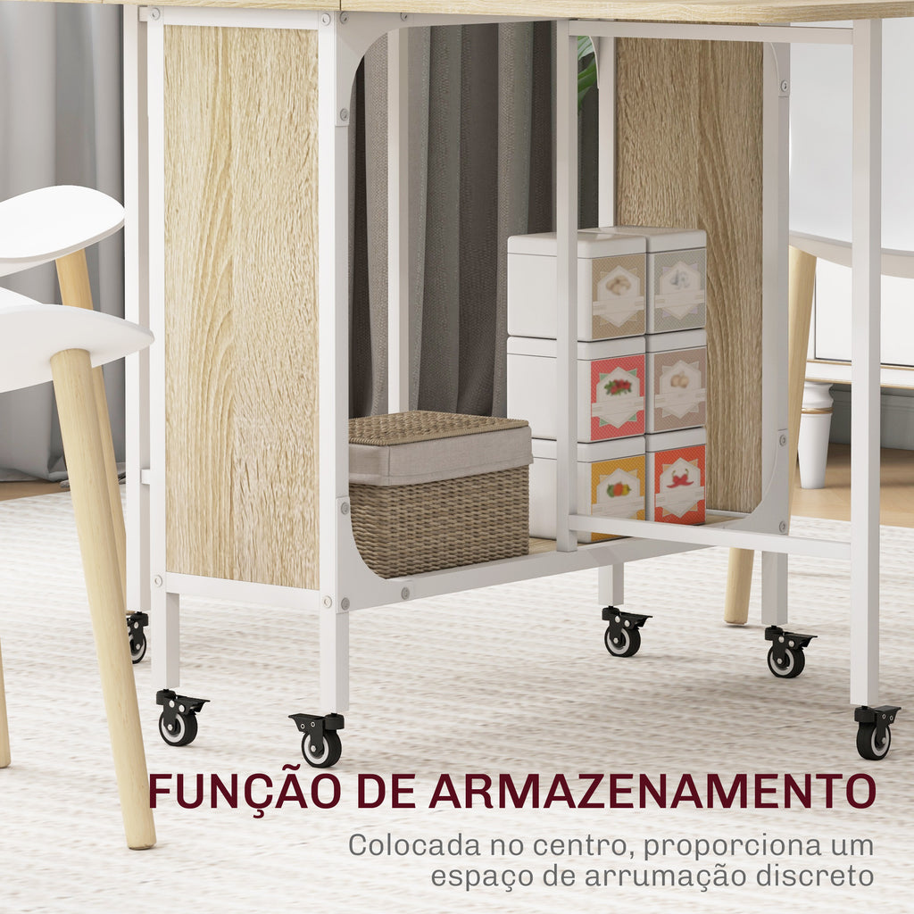 HOMOM Mesa de Cozinha Dobrável Mesa de Refeição Dobrável com Rodas Laterais Abatíveis e Prateleira Mesa Dobrável para Sala de Jantar 130x80x74 cm Madeira e Branco