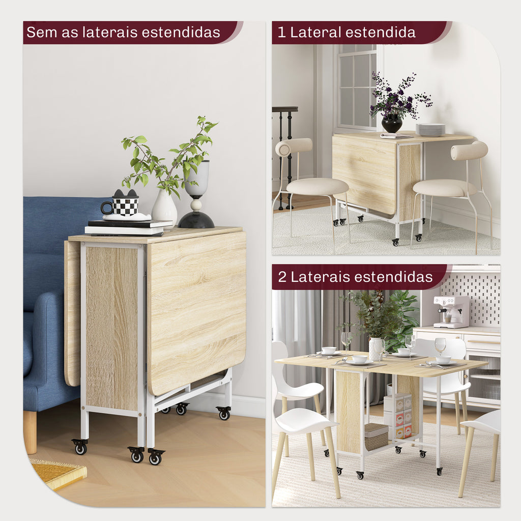 HOMOM Mesa de Cozinha Dobrável Mesa de Refeição Dobrável com Rodas Laterais Abatíveis e Prateleira Mesa Dobrável para Sala de Jantar 130x80x74 cm Madeira e Branco