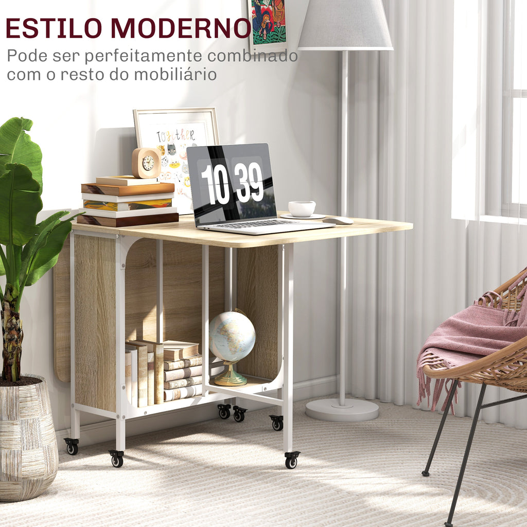 HOMOM Mesa de Cozinha Dobrável Mesa de Refeição Dobrável com Rodas Laterais Abatíveis e Prateleira Mesa Dobrável para Sala de Jantar 130x80x74 cm Madeira e Branco