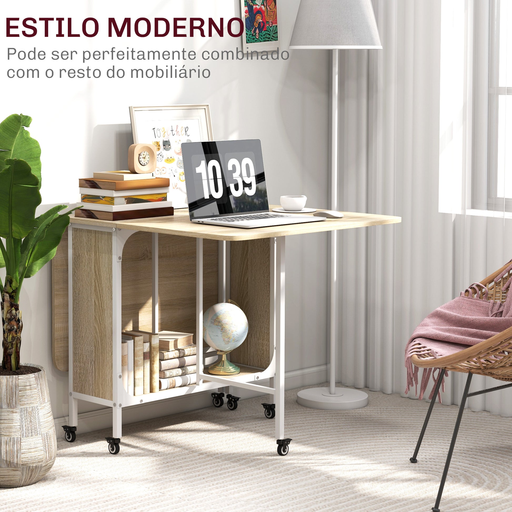 HOMOM Mesa de Cozinha Dobrável Mesa de Refeição Dobrável com Rodas Laterais Abatíveis e Prateleira Mesa Dobrável para Sala de Jantar 130x80x74 cm Madeira e Branco