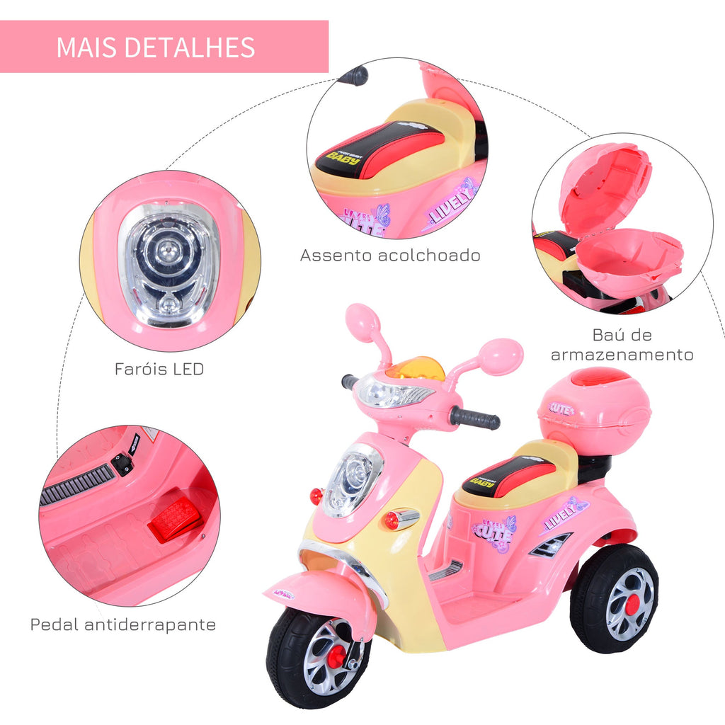 ® Carro de triciclo Moto elétrica infantil com Bateria para crianças com mais de 3 anos 108x51x75cm Rosa