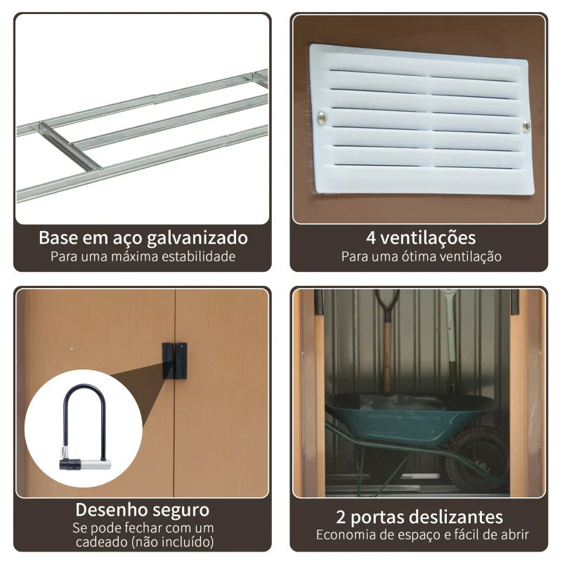 Abrigo de Jardim 213x130x185cm Abrigo de Jardim Metálico de Exterior para Armazenamento de Ferramentas com 2 Portas Deslizantes e 4 Janelas para Terraço Marrom Claro