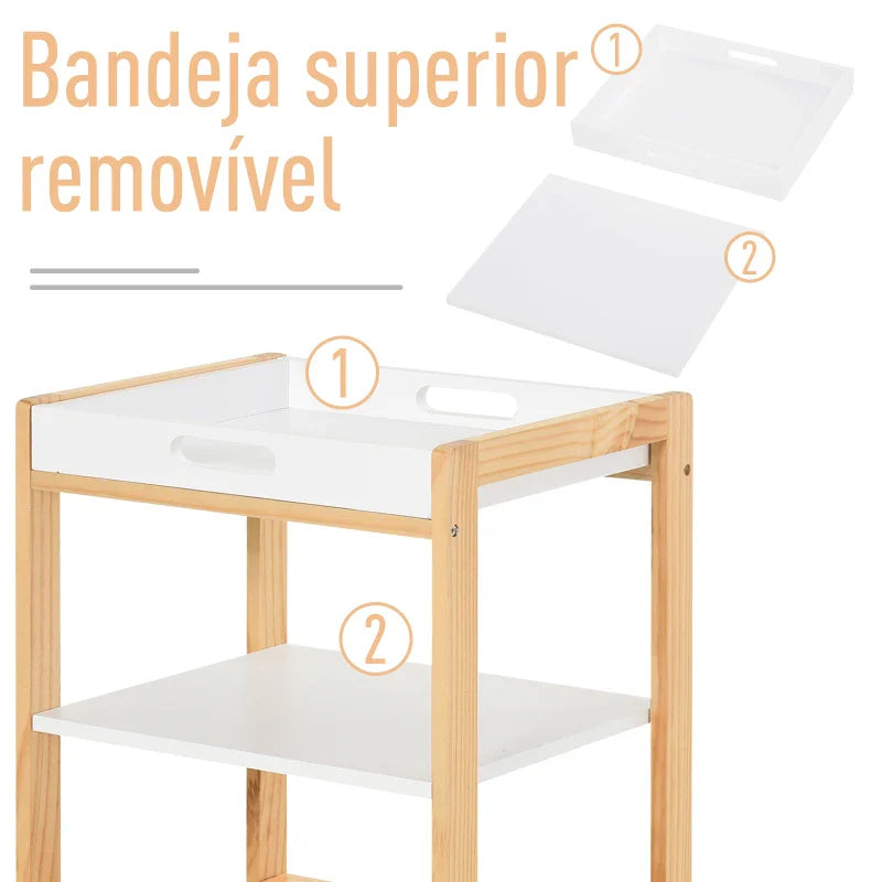 Carrinho de cozinha Carrinho de serviço doméstico de 4 niveis com bandeja removível Prateleira universal de rodas 40x30x76cm Madeira branca