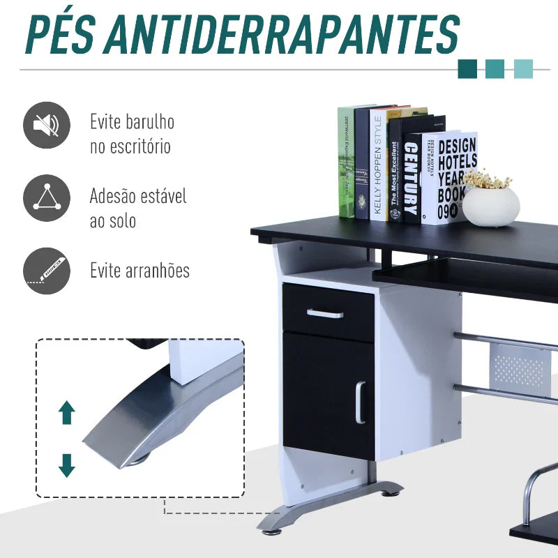 Mesa para Computador com Gaveta Armário e Suporte para CPU Secretária para Escritório Estúdio Dormitório 100x52x75cm Preto e Branco