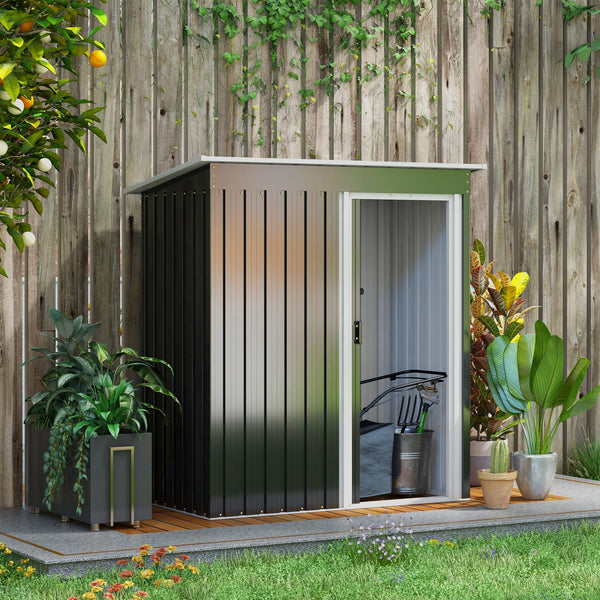 Abrigo de Jardim Exterior 1,5 m² 163x89x182 cm Abrigo Metálico para Ferramentas com Porta de Correr e Teto Inclinado para Pátio Preto