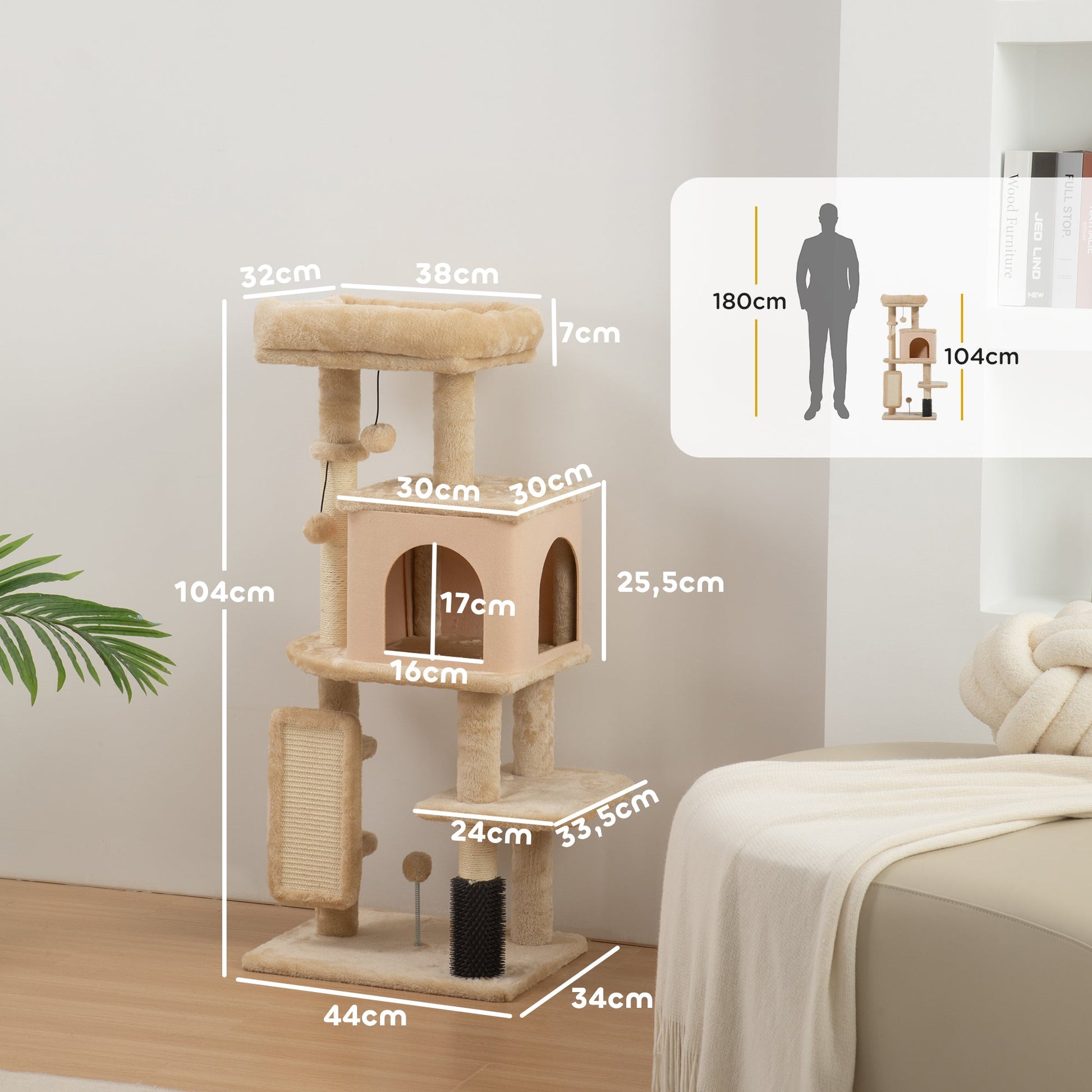 PawHut Arranhador para Gatos Grande Altura 104 cm Arranhador para Gatos com Plataformas Postes com Escova Bolas Suspensas e Almofadas para Arranhar Bege
