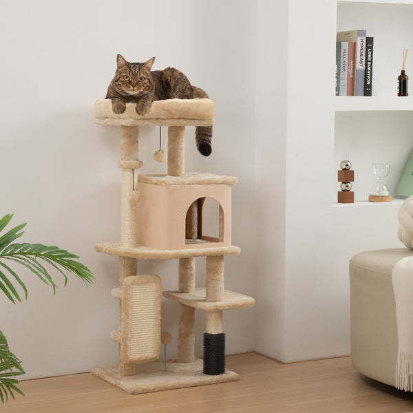 PawHut Arranhador para Gatos Grande Altura 104 cm Arranhador para Gatos com Plataformas Postes com Escova Bolas Suspensas e Almofadas para Arranhar Bege