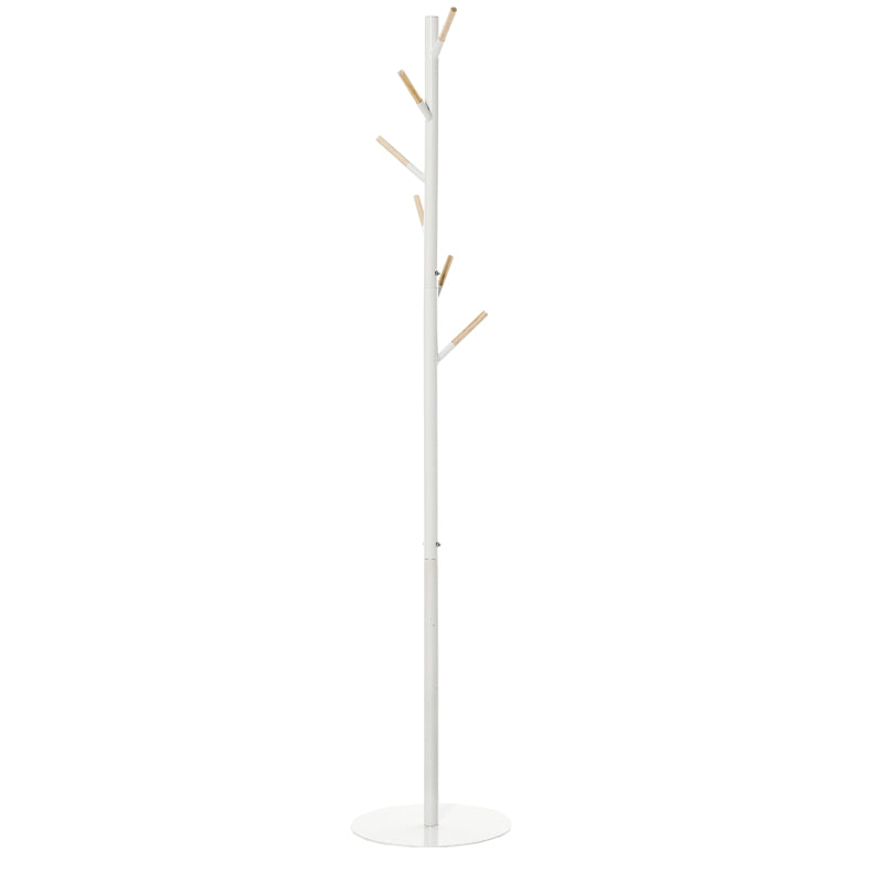 Cabide de Pé de Madeira Cabide de Pé com 6 Ganchos para Roupa Bolsas e Estrutura de Metal para Sala de Estar Entrada Dormitório 35x35x174cm Branco e Madeira