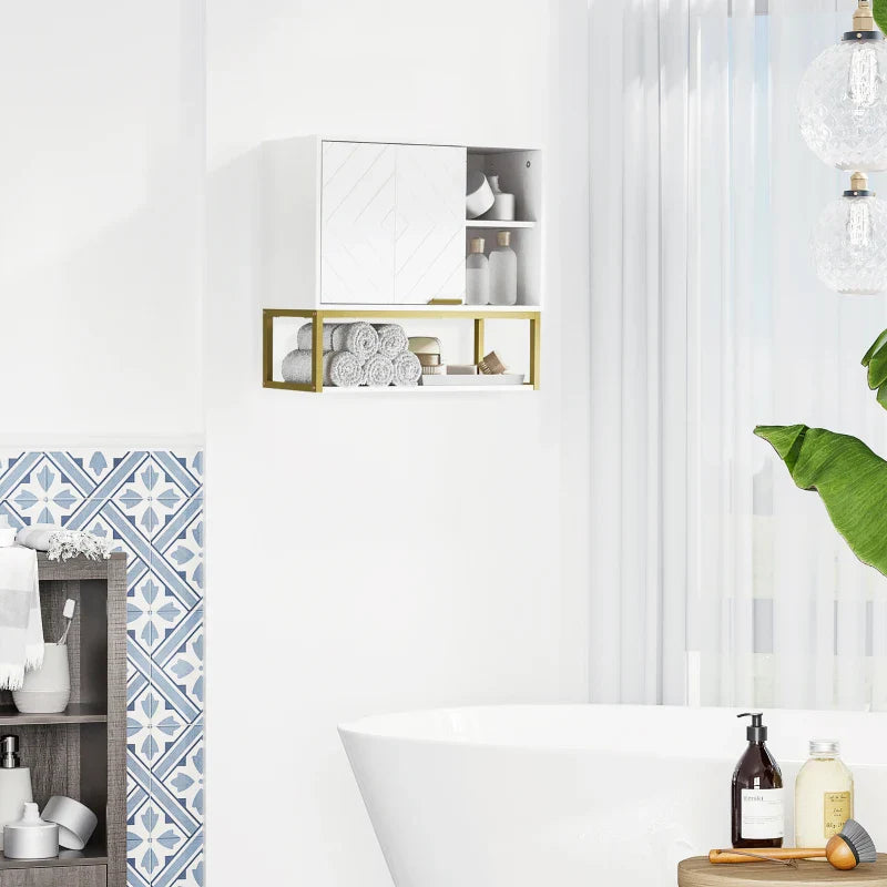 Armário de Parede Casa de Banho Armário Casa de Banho com Porta Prateleira Ajustável e Armazenamento Inferior para Corredor Cozinha Sala de Estar 60x20x51 cm Branco