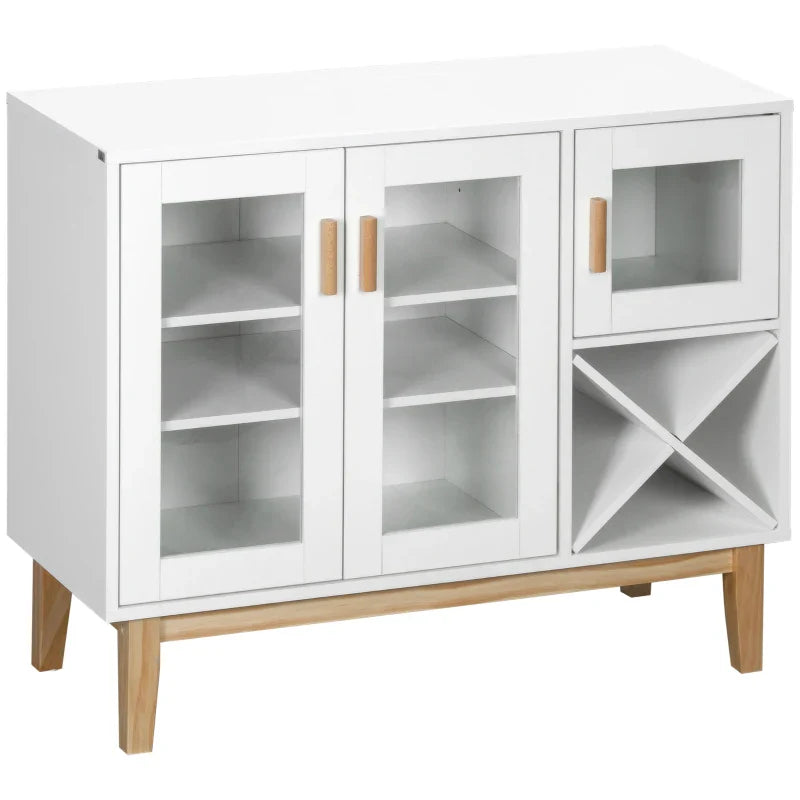 Aparador de Cozinha com 3 Portas de Vidro e Suporte para Garrafas em Forma de X para 4 Garrafas Móvel Buffet Auxiliar para Sala de Jantar Estilo Moderno Anti-Tombo 90x37x75cm Branco
