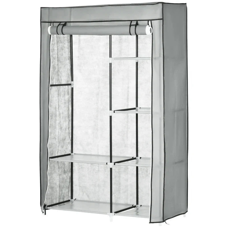 Roupeiro de Tecido Dobrável Armário de Roupa Portátil com 6 Prateleiras e 1 Barra de Pendurar para Dormitório Vestidor 103x43x162,5cm Cinza