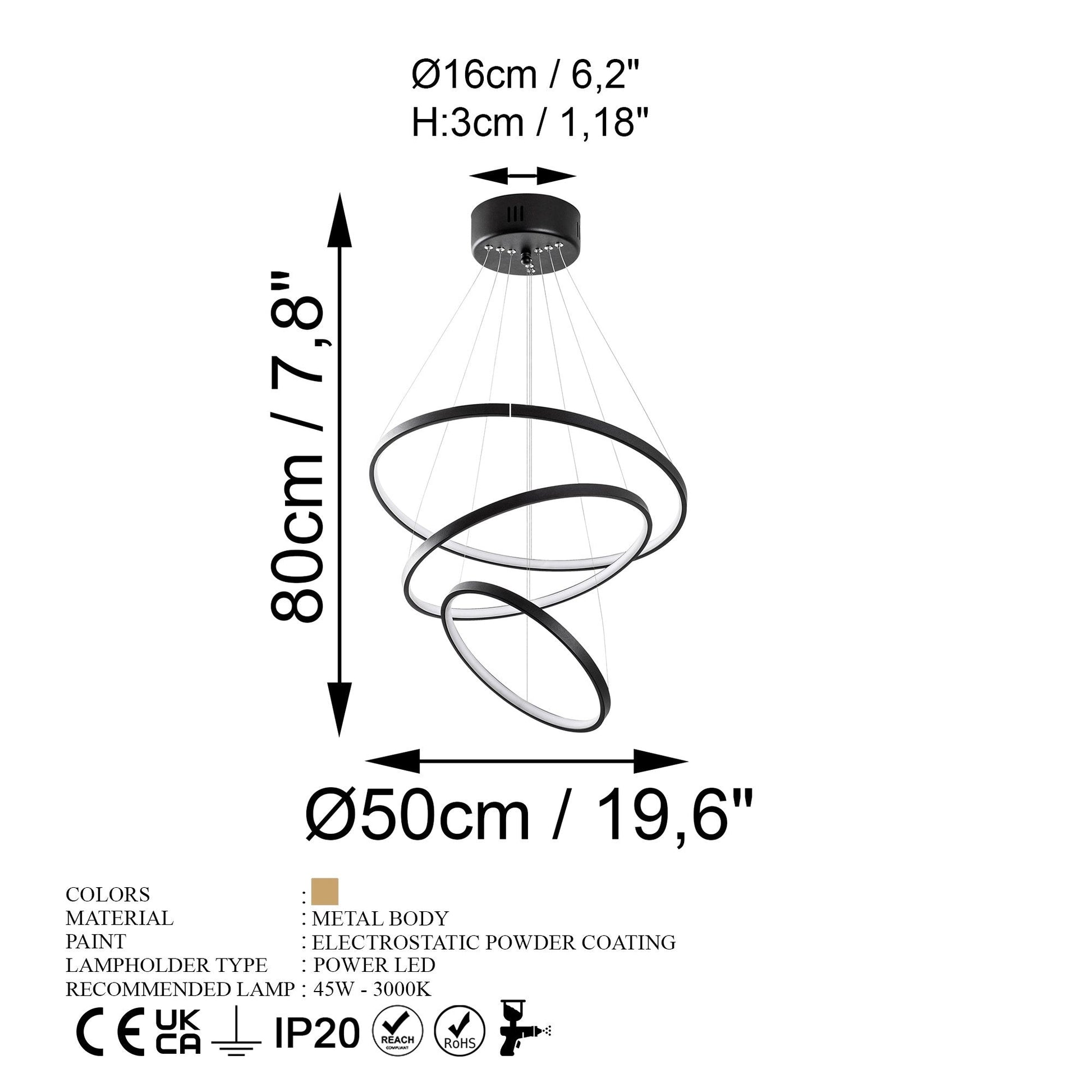 Candeeiro de Teto LED "Simit" Regulável – Preto – 50x50x80 cm – Design Moderno