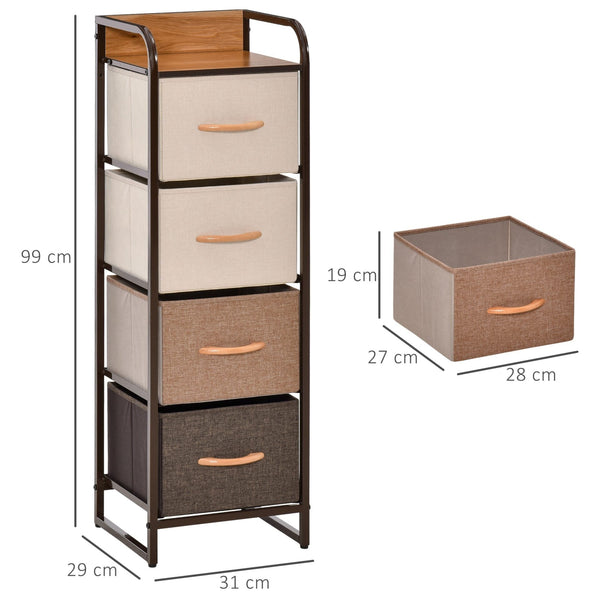 Cómoda de Tecido com 4 Cestos Removíveis e Dobráveis Base Elevada Móvel de Armazenamento para Dormitório Sala de Estar 31x29x99cm Multicor