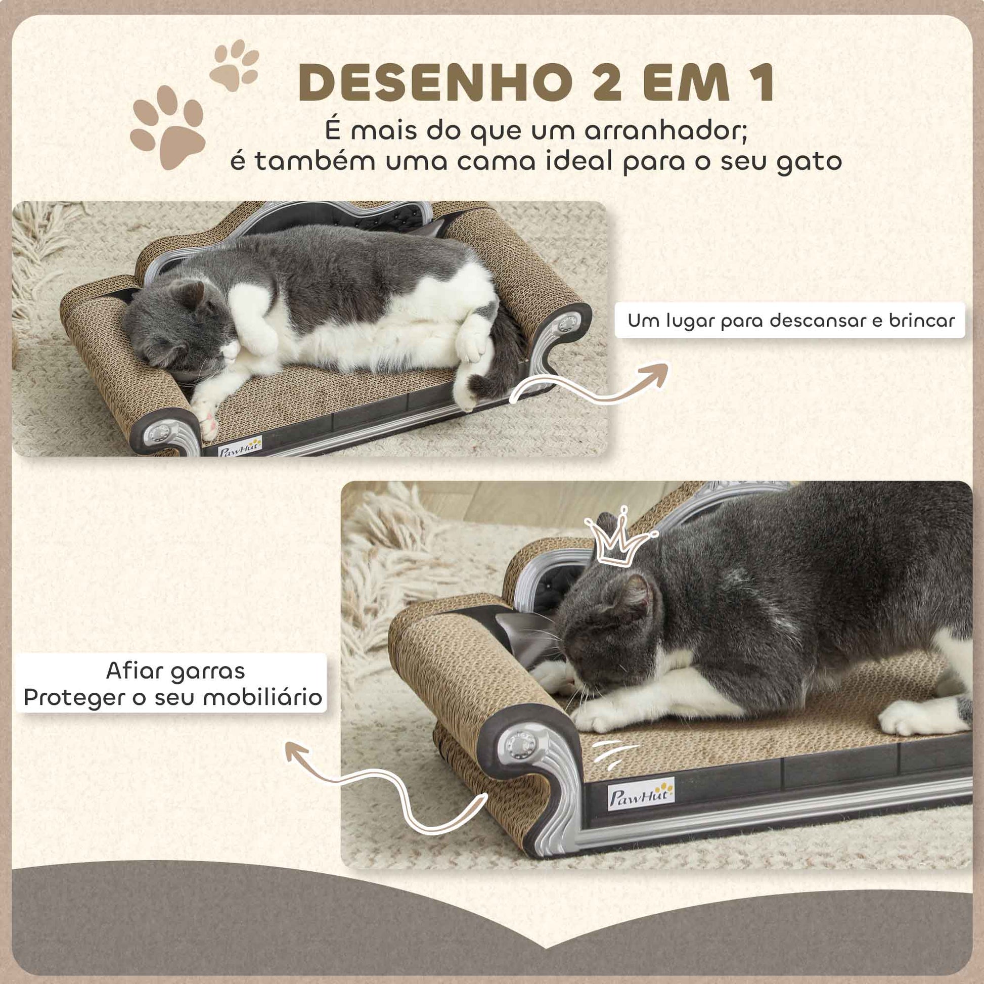 PawHut Sofá Arranhador para Gatos Arranhador para Gatos em Forma de Sofá com Erva para Gatos para Interior 56,5x24x26 cm Marrom
