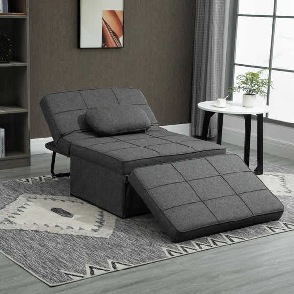 Sofá Cama Individual 3 em 1 Estofado em Linho Sofá Reclinável em 5 Posições com Apoio para os Pés e Apoio para a Cabeça para Sala de Estar Carga Máxima 200kg 95x189x43cm Cinza