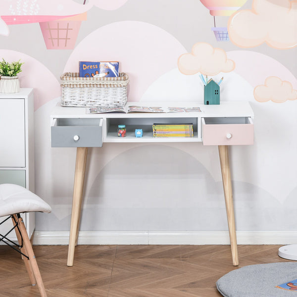 Consola Secretária Infantil com 1 Compartimento Aberto e 2 Gavetas Estilo Nórdico para Dormitório Entrada 100x48x76,5cm Multicolor