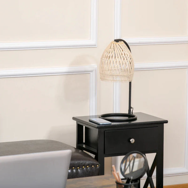 Candeeiro de Mesa Candeeiro de Mesa de Cabeceira com Suporte para Lâmpada E27 Máx. 40W Candeeiro Decorativo com Ecrã de Vime para Dormitório Sala de Estar Ø20x41 cm Bege e Preto