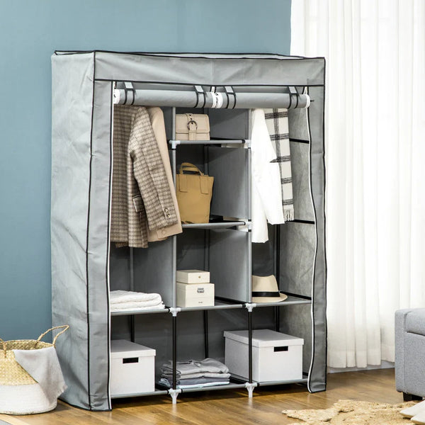 Roupeiro de Tecido Dobrável Armário Portátil com 8 Prateleiras de Armazenamento e 2 Barras de Pendurar Organizador de Roupa para Dormitório Vestidor 125x43x162,5cm Cinza Claro