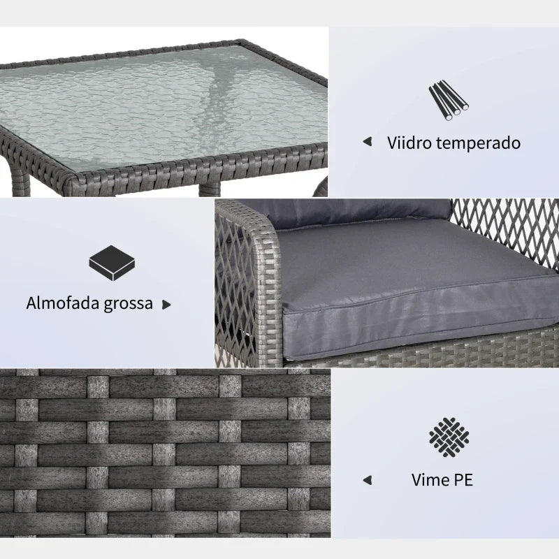 Conjunto de móveis de rattan de jardim 3 peças 2 poltronas 65x66x75 cm e 1 mesa de vidro temperado 50x50x50 cm com almofadas acolchoadas para terraço pátio cinza
