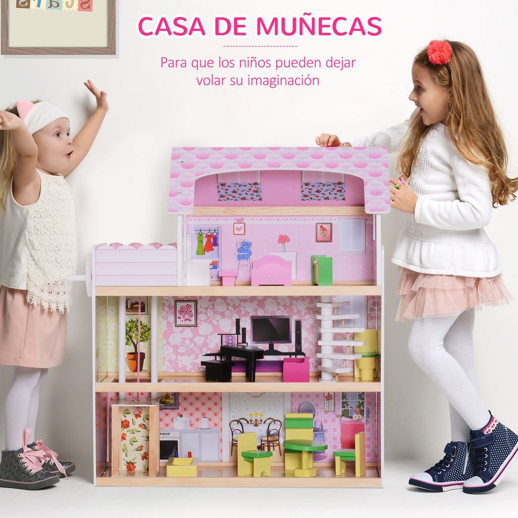Casa de Bonecas com 13 peças Móveis Mobiliário Casita de Bonecas de Brincar Madeira 3 Pisos 60x30x71.5cm