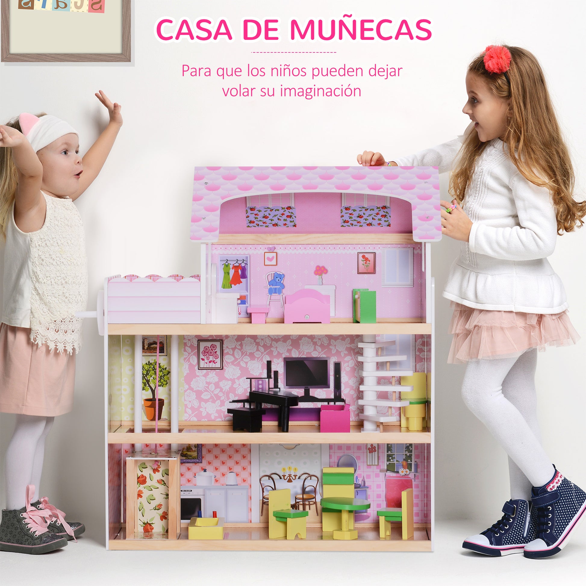 Casa de Bonecas com 13 peças Móveis Mobiliário Casita de Bonecas de Brincar Madeira 3 Pisos 60x30x71.5cm