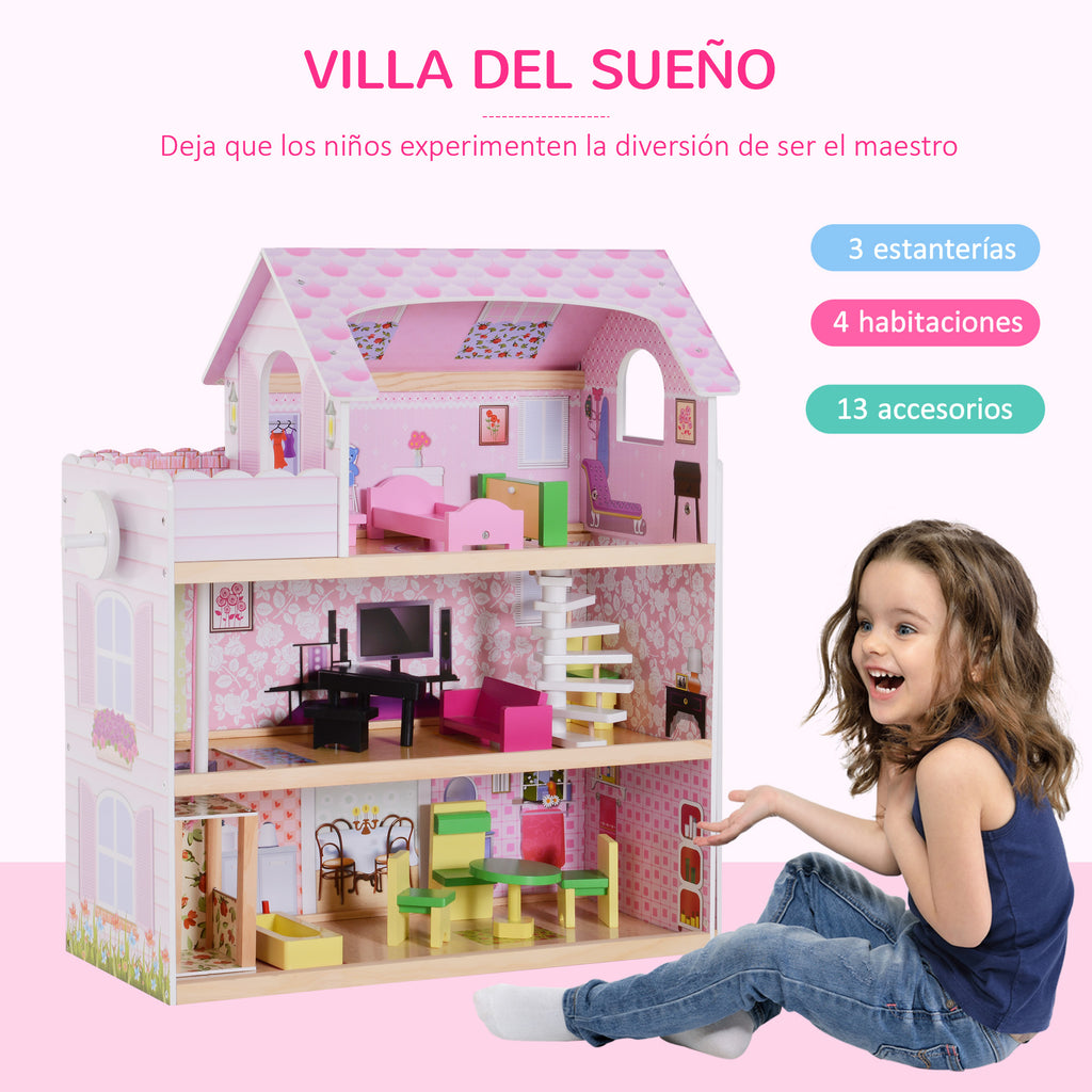 Casa de Bonecas com 13 peças Móveis Mobiliário Casita de Bonecas de Brincar Madeira 3 Pisos 60x30x71.5cm