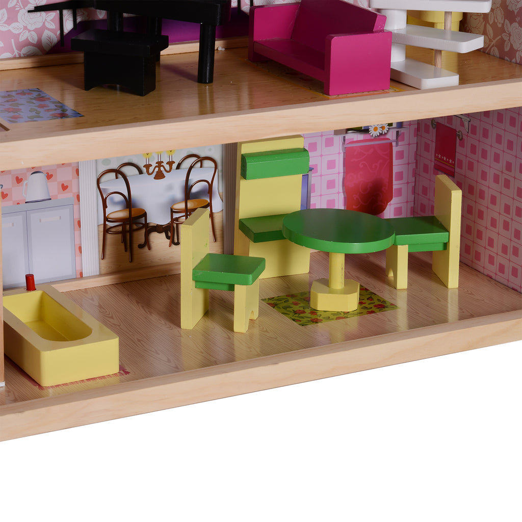 Casa de Bonecas com 13 peças Móveis Mobiliário Casita de Bonecas de Brincar Madeira 3 Pisos 60x30x71.5cm