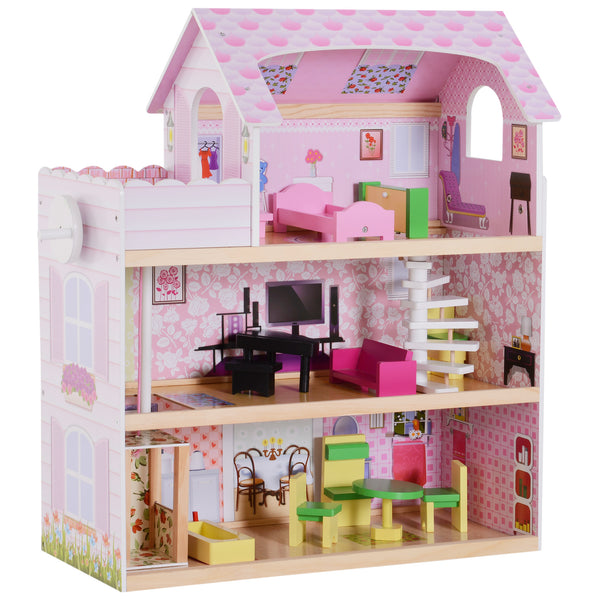 Casa de Bonecas com 13 peças Móveis Mobiliário Casita de Bonecas de Brincar Madeira 3 Pisos 60x30x71.5cm