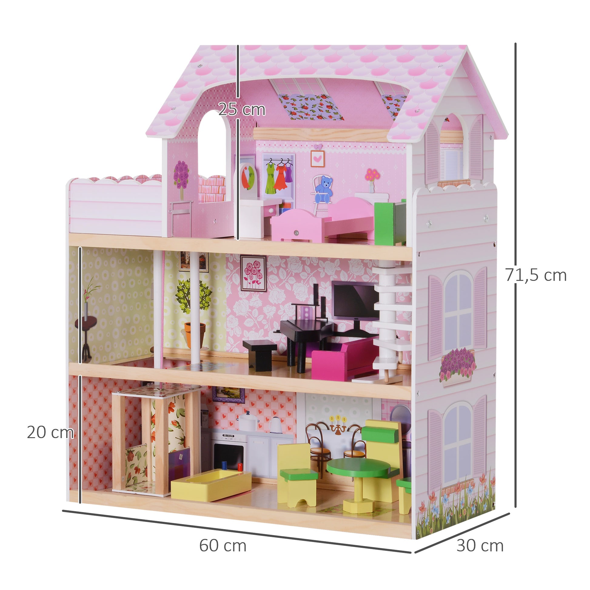 Casa de Bonecas com 13 peças Móveis Mobiliário Casita de Bonecas de Brincar Madeira 3 Pisos 60x30x71.5cm