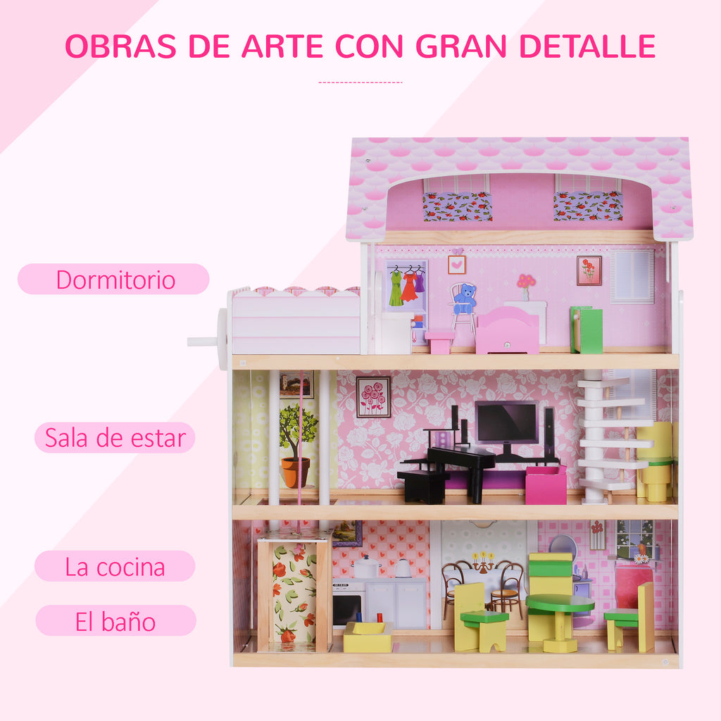Casa de Bonecas com 13 peças Móveis Mobiliário Casita de Bonecas de Brincar Madeira 3 Pisos 60x30x71.5cm