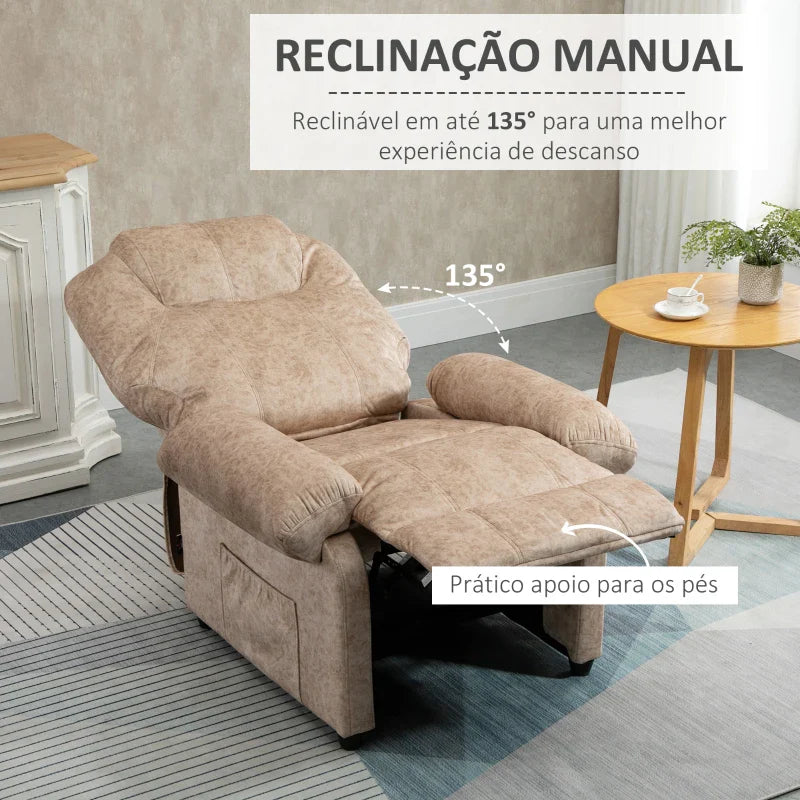 Poltrona Relax Reclinável Poltrona para Sala de Estar com Apoio para os Pés Retrátil Encosto Alto Bolso Lateral Acolchoado Grosso 88x91x108 cm Bege