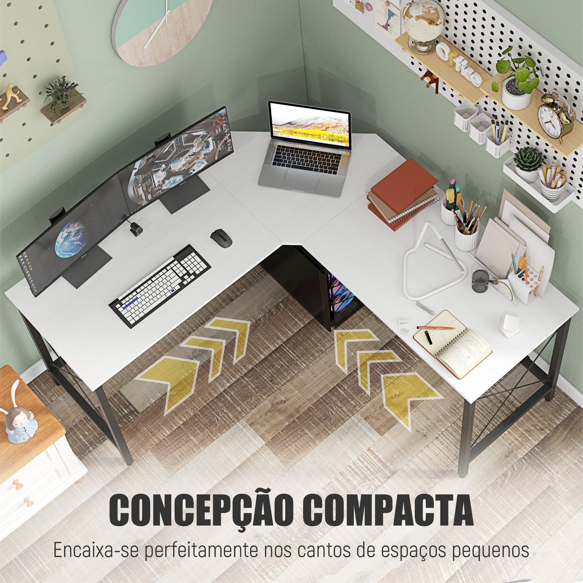 Secretária em Forma de L Secretária para Escritório com Estrutura de Metal Carga 70 kg Secretária de Canto para Escritório Estúdio 150x150x76 cm Branco e Preto