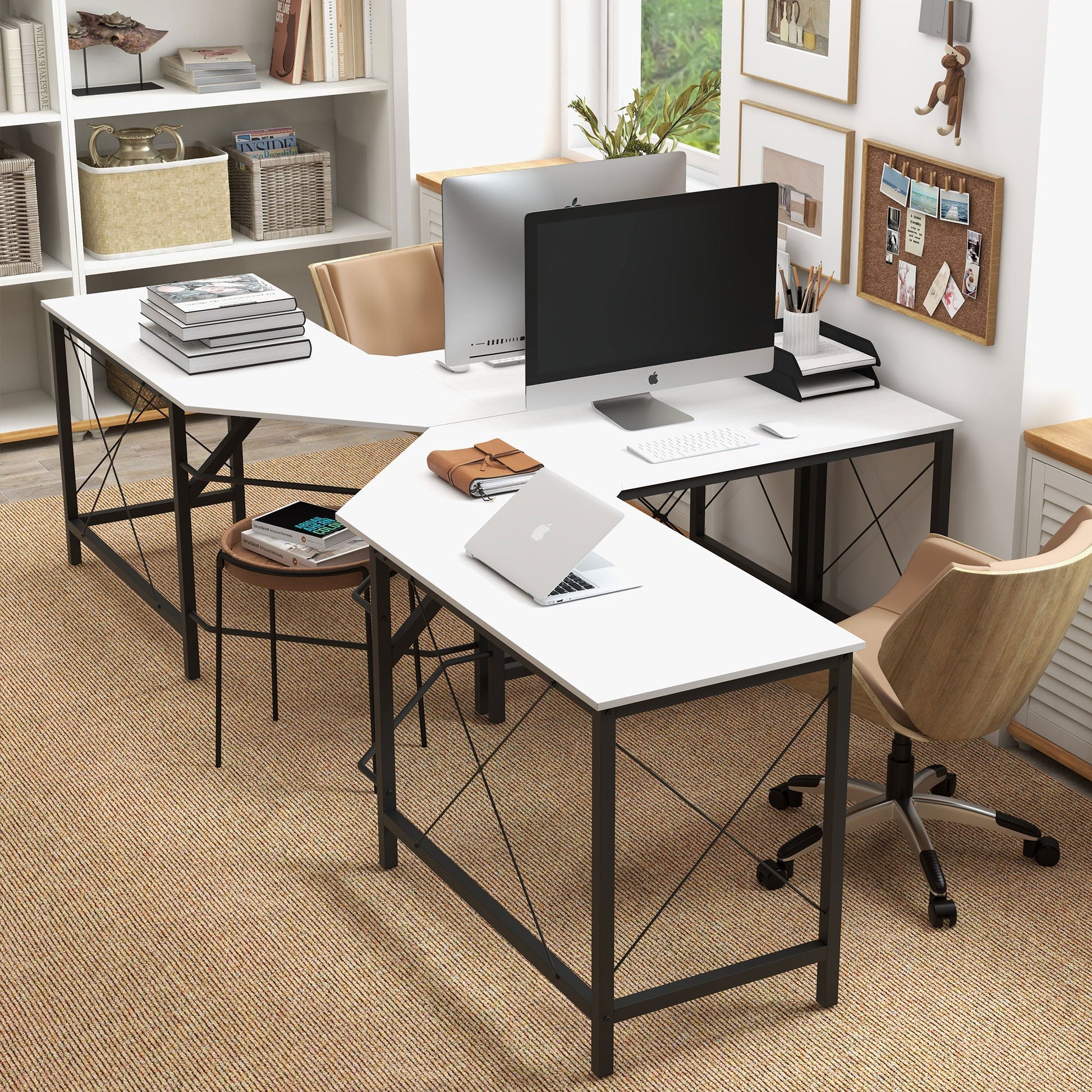 Secretária em Forma de L Secretária para Escritório com Estrutura de Metal Carga 70 kg Secretária de Canto para Escritório Estúdio 150x150x76 cm Branco e Preto