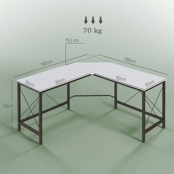Secretária em Forma de L Secretária para Escritório com Estrutura de Metal Carga 70 kg Secretária de Canto para Escritório Estúdio 150x150x76 cm Branco e Preto