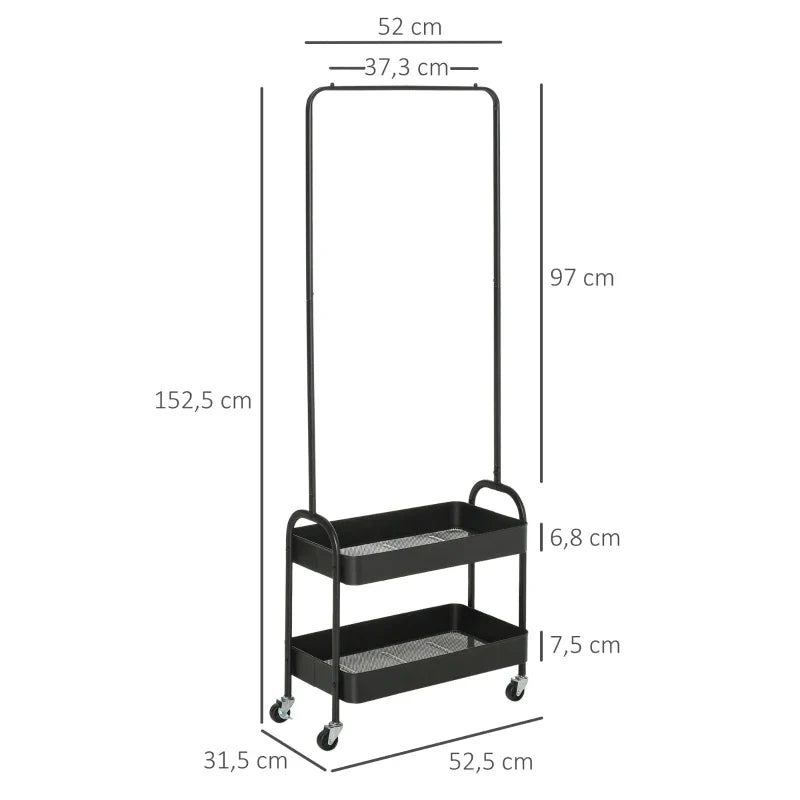 Charriot com Sapateiro Charriot com Rodas Barra de Pendurar e 2 Cestos para Entrada Dormitório Sala de Estar 56,5x31,5x152,5cm Preto