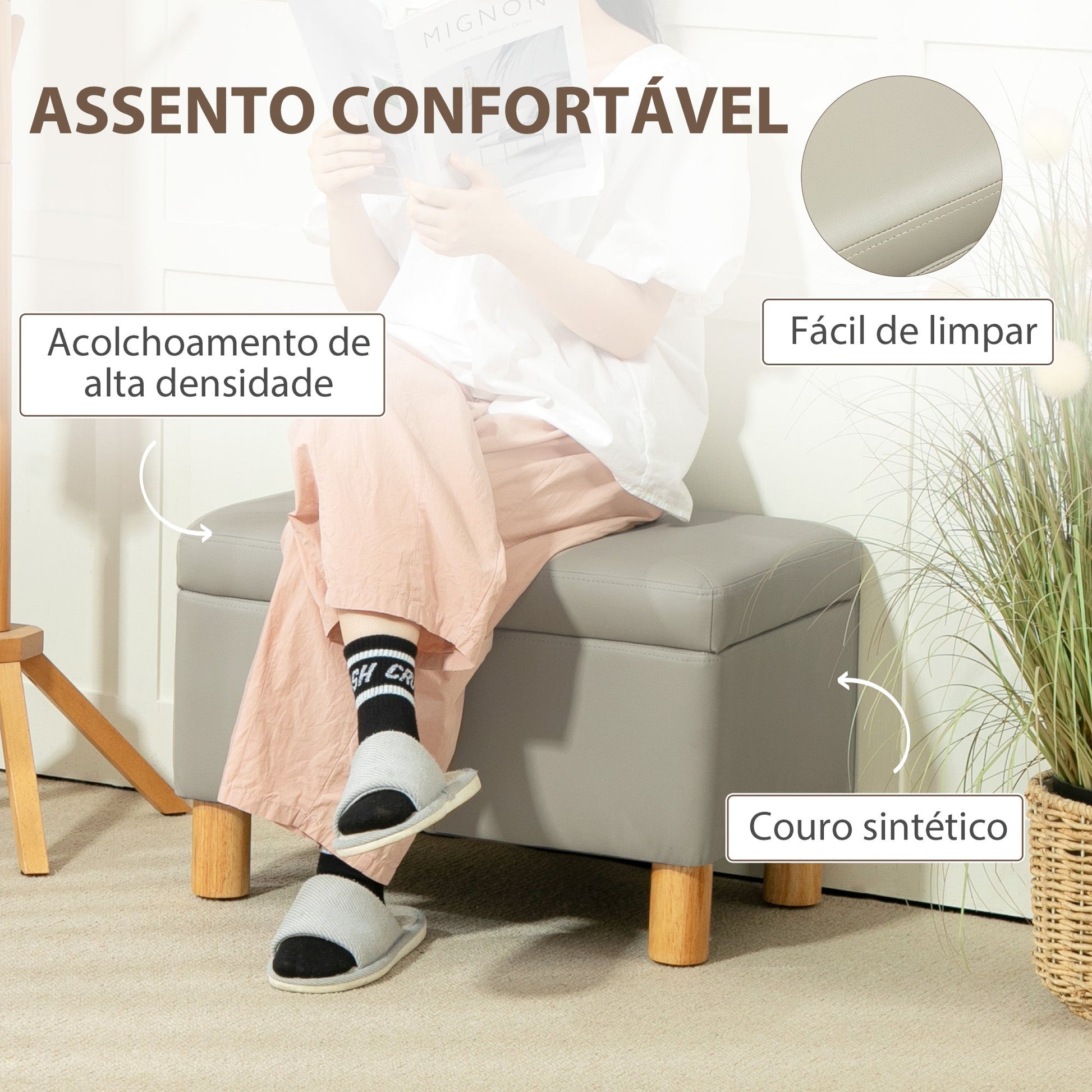 Baú de Armazenamento para Dormitório 33L Puff de Armazenamento Estofado em PU Banco de Arrumação com Pés de Madeira para Corredor Sala de Estar 60x38x40 cm Cinza Claro