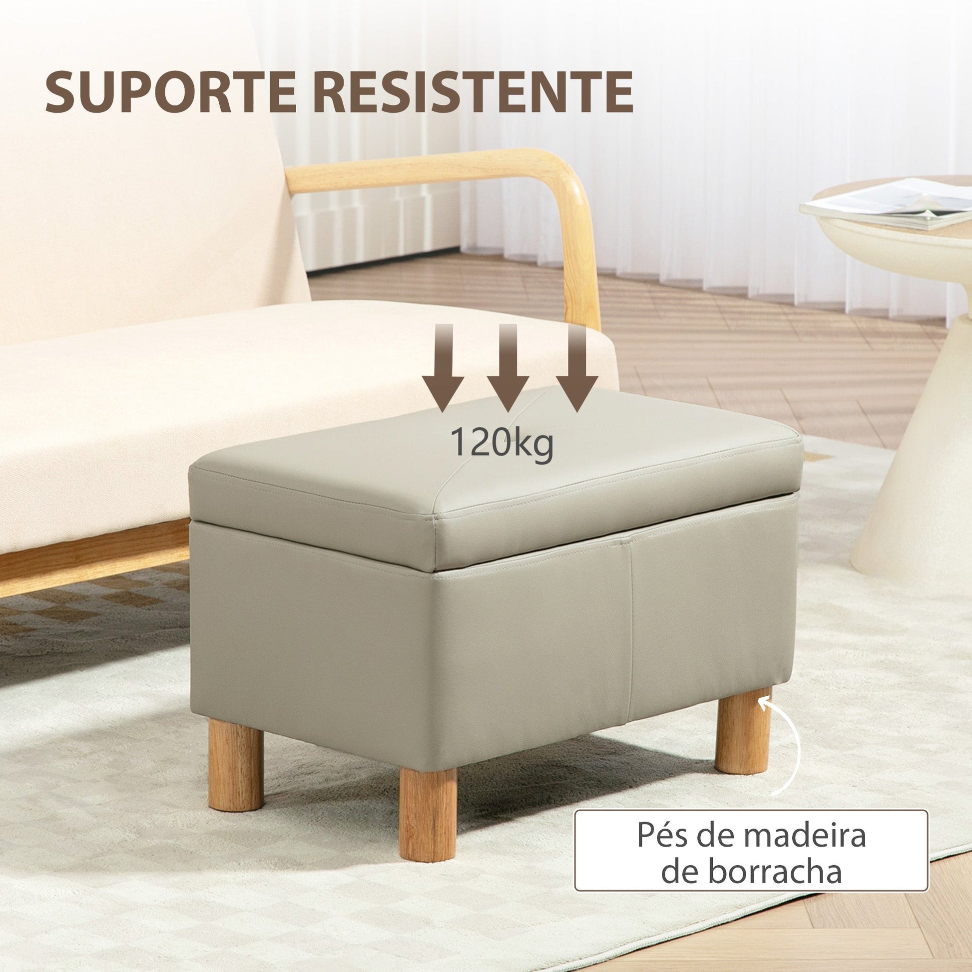 Baú de Armazenamento para Dormitório 33L Puff de Armazenamento Estofado em PU Banco de Arrumação com Pés de Madeira para Corredor Sala de Estar 60x38x40 cm Cinza Claro