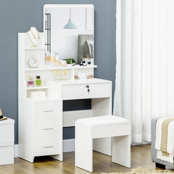 Toucador de Maquilhagem com Banco e Espelho Mesa de Maquilhagem com 4 Gavetas 4 Compartimentos de Armazenamento Estilo Moderno 80x38x143cm Branco