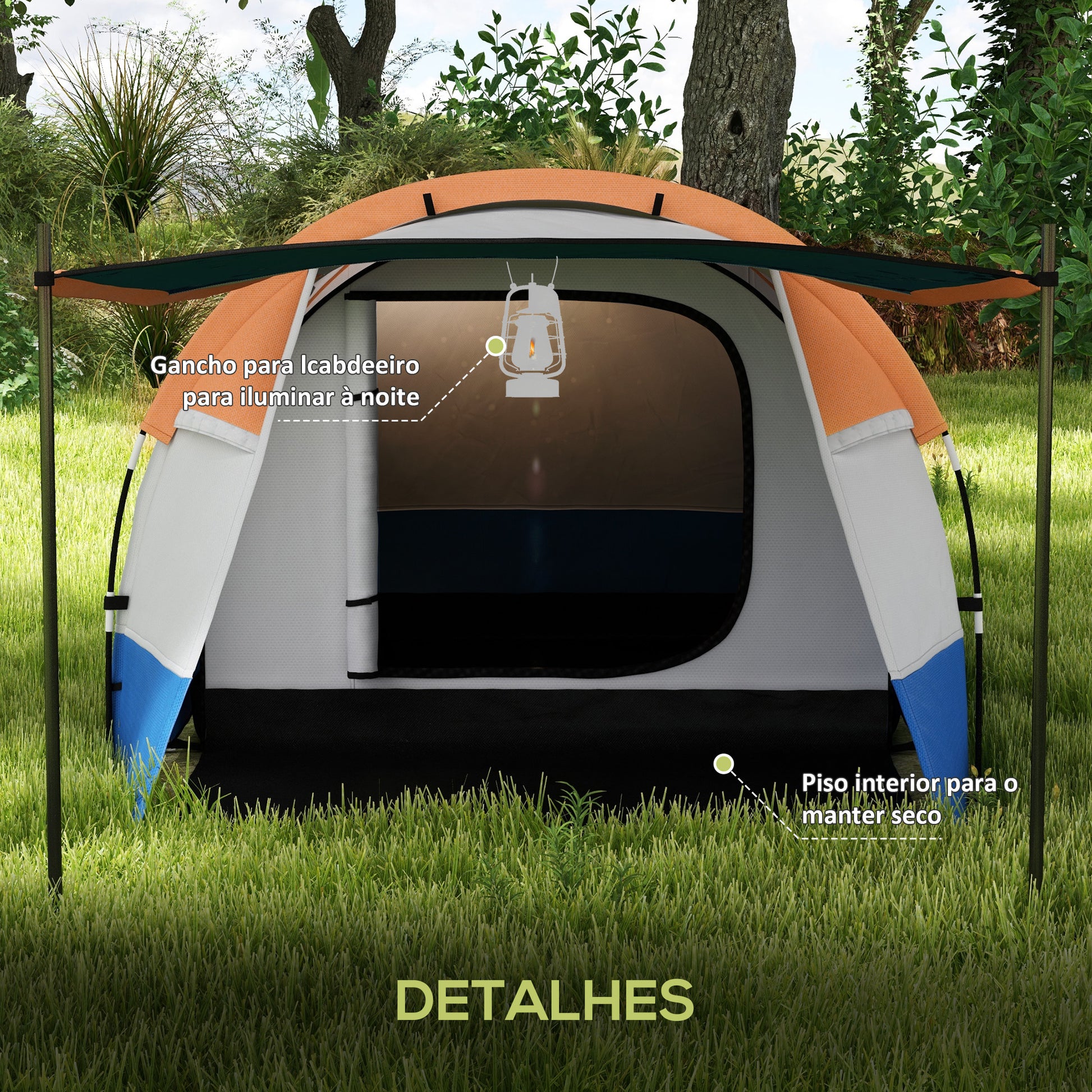 Tenda de Campismo Familiar para 2-3 Pessoas Tenda de Campismo Dobrável com 2 Áreas e Bolsa de Transporte Impermeável para Trekking 420x200x150 cm Cinza e Laranja