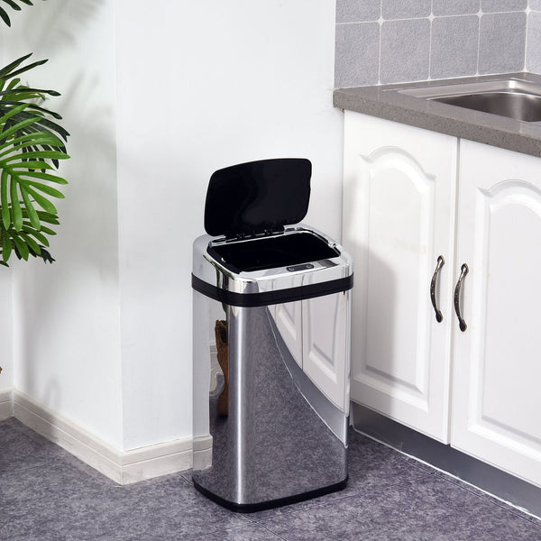 Balde de Lixo Inteligente de Aço Inoxidável 30L com Sensor Infravermelho de Abertura Automática para Cozinha Dormitório Casa de Banho 33x25x58 cm Prata e Preto