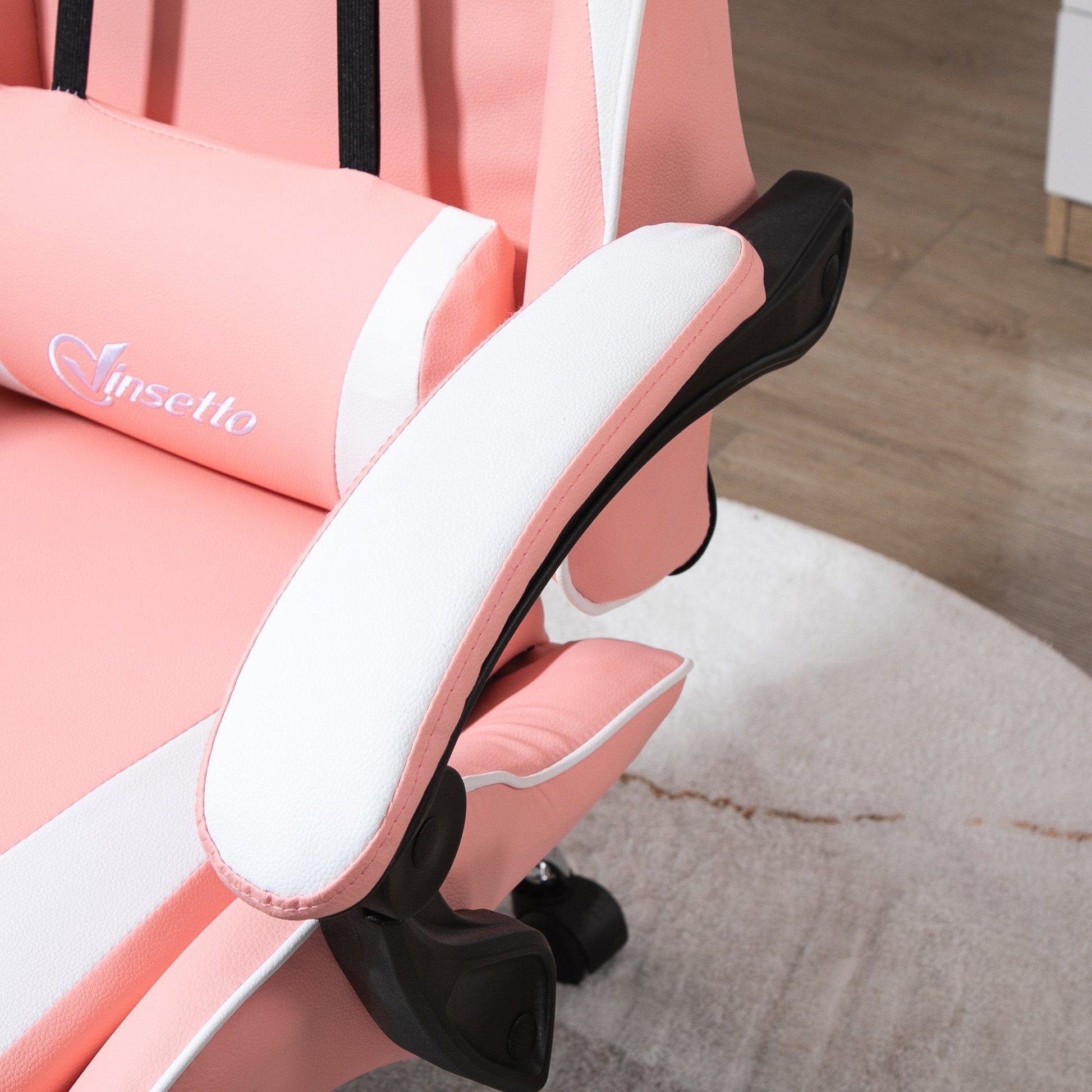 Cadeira Gaming Ergonômica Cadeira para Videojogos Reclinável com Altura Ajustável Apoio para a Cabeça e Almofada Lombar 63x67x122-130cm Rosa e Branco