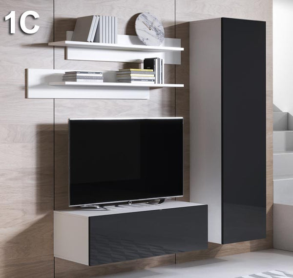 Conjunto de Móveis de Sala A-dos-Cunhados – 1,6 m – Modular em Branco e Preto com Móvel TV, Armário e Estantes – Design Moderno