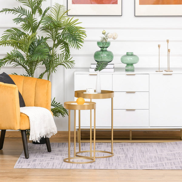 Conjunto de 2 mesas de centro modernas empilháveis Estrutura metálica dourada Ø39x63 cm e Ø30.8x56 cm Parte superior preta e branca