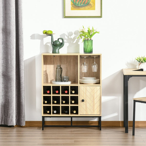 Aparador de Cozinha Armário com 1 Porta Prateleiras Abertas Suporte para 12 Garrafas e Suporte para 6 Taças de Vinho Sala de Jantar Bar Restaurante 76x35x97cm Madeira Natural